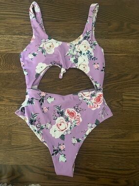 Lavender Floral Cutout One-Piece Swimsuit